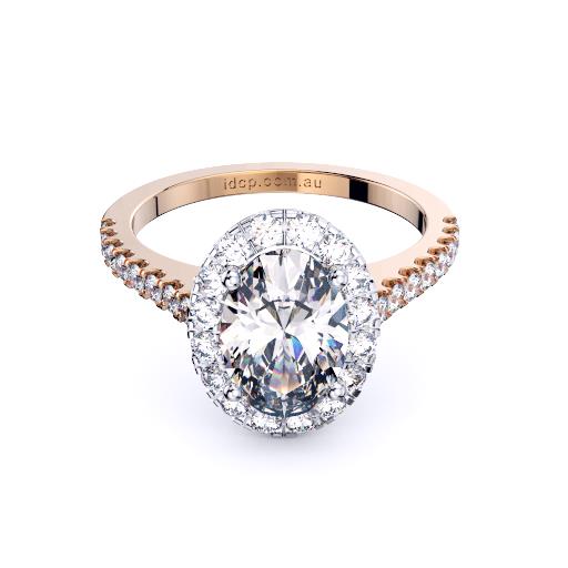Oval diamond in halo with diamond set band engagement ring