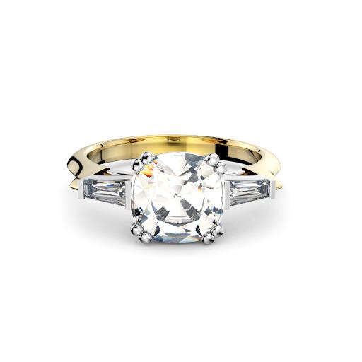 Cushion with tapered baguettes diamonds three stone engagement ring