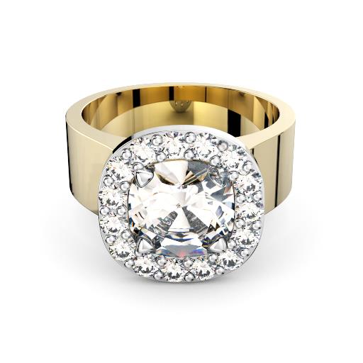 Cushion diamond in halo with wide band engagement ring
